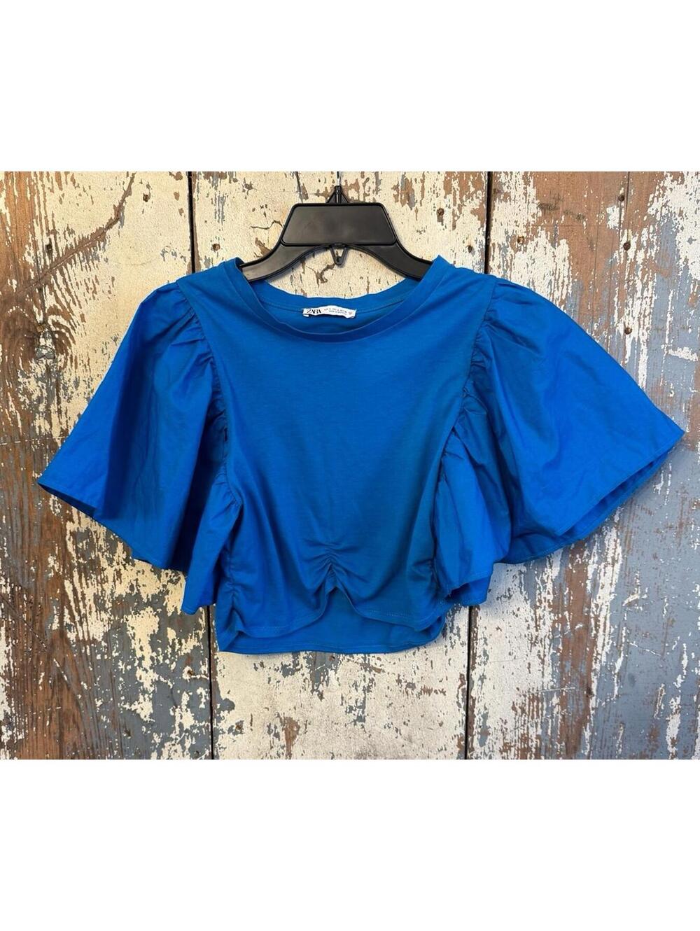 ZARA Puff sleeve Cropped Tee, blue size Small